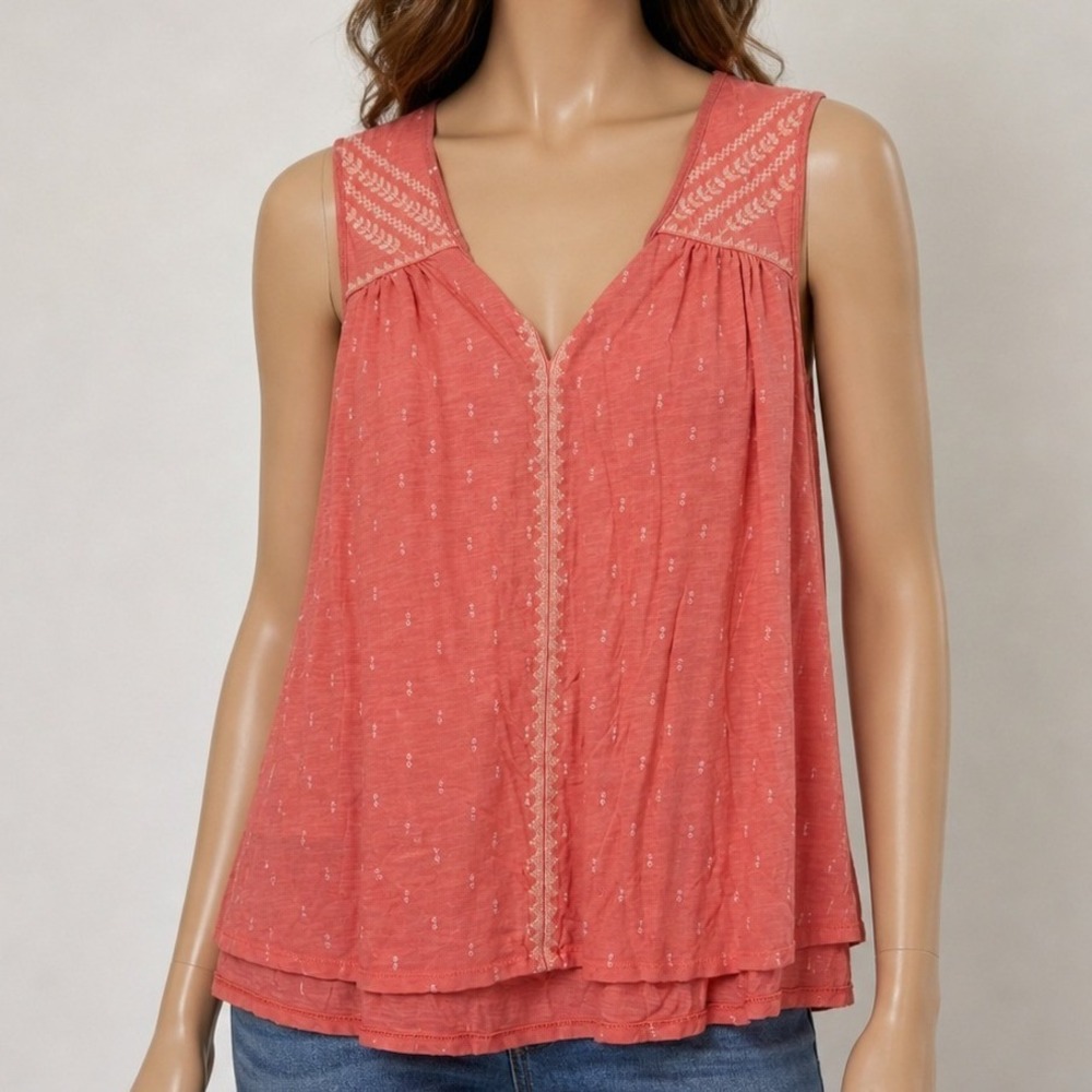 Eddie Bauer Womens Tank Top Coral Pink Embroidered Boho Slub Knit XXL